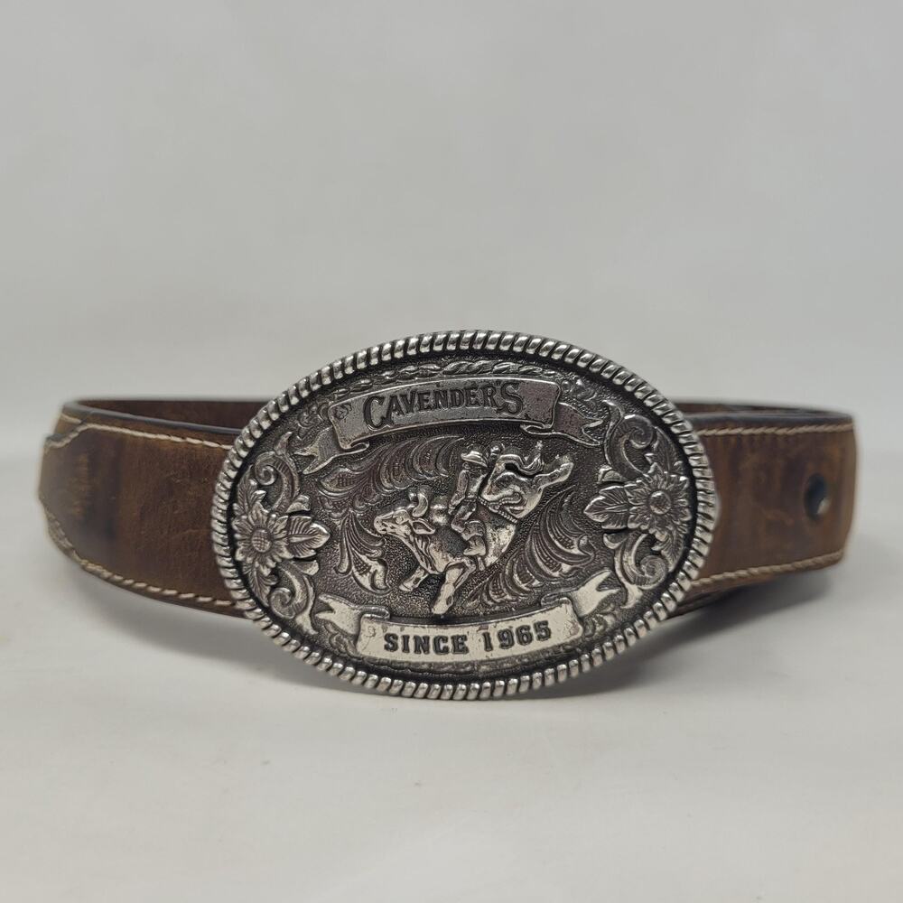 Cavender's Belt Boy 22‎ Brown Leather Oval Rodeo Buckle Western Cowboy Floral